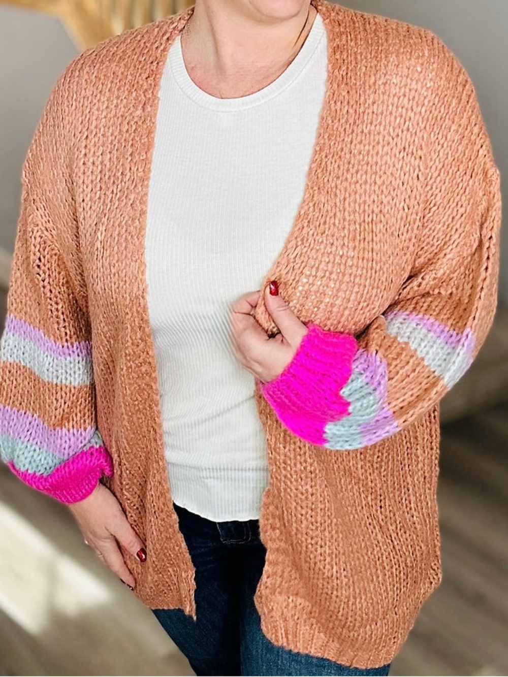Open-Front Rust Cardigan with Pink Stripe Sleeve Accents - Picture 9 of 9